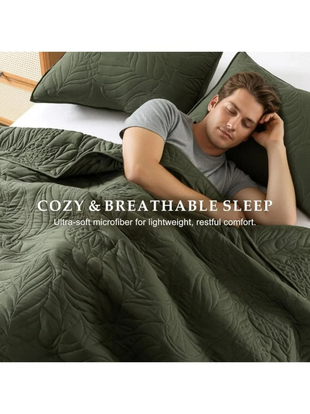 Olive Green King Quilt Set - Soft Lightweight Farmhouse Bedspread with Leaf